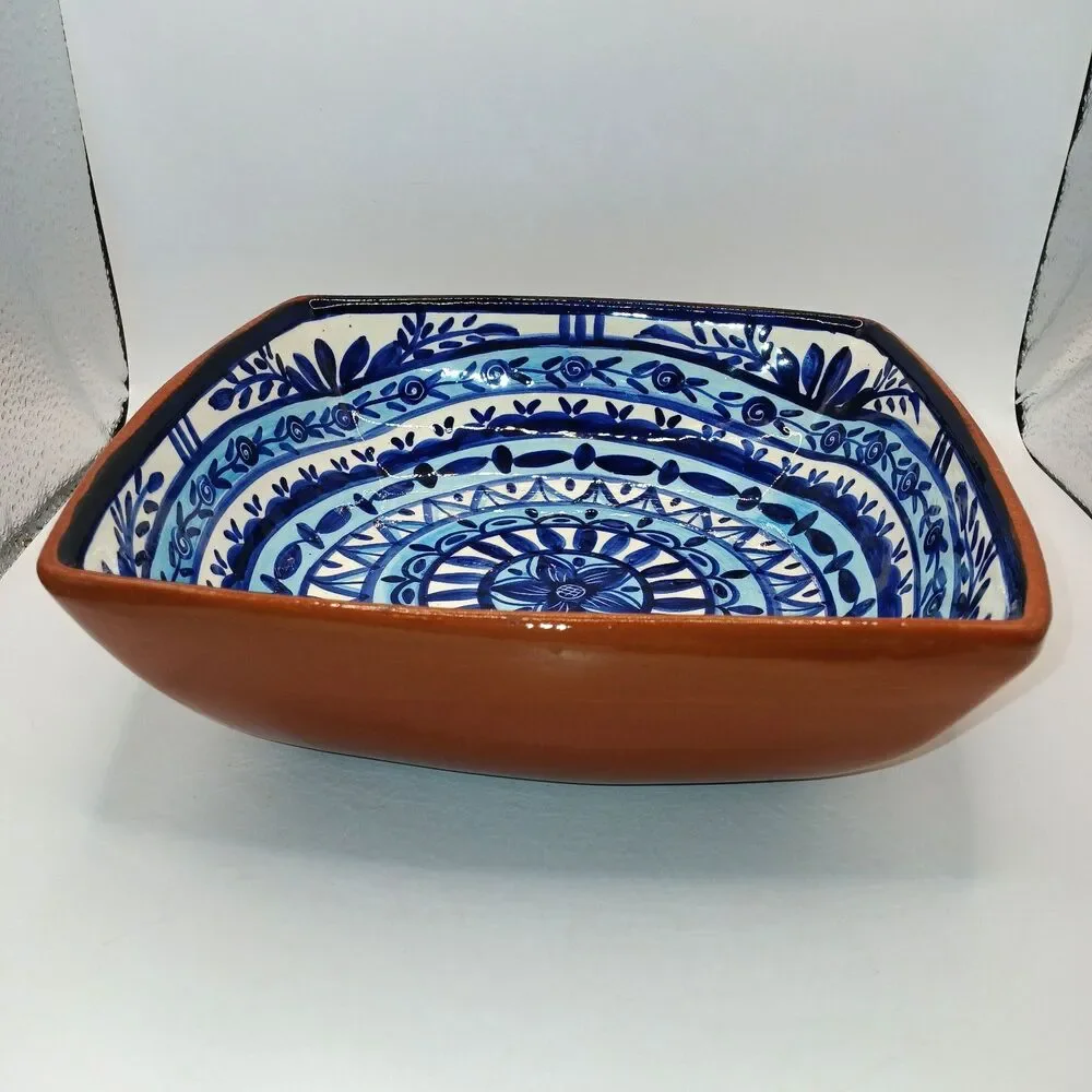 Olaria S.P Corval Bowl Hand Painted Blue & White Terracotta Mandela Pattern 9x9